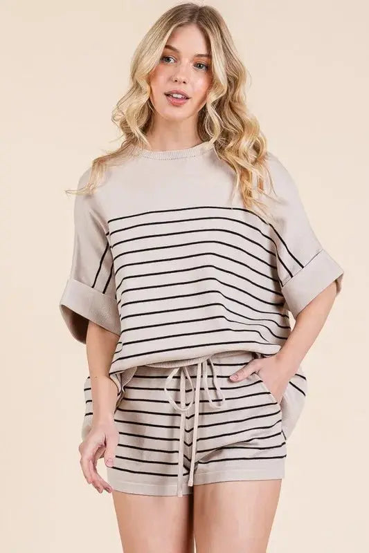 Lime 'N' Chili Striped Folded Half Sleeve Top and Shorts Set - Love Salve