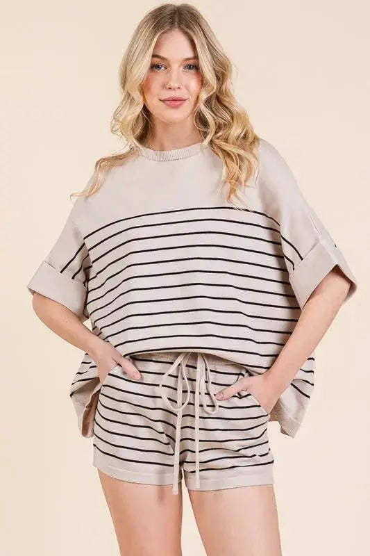 Lime 'N' Chili Striped Folded Half Sleeve Top and Shorts Set - Love Salve