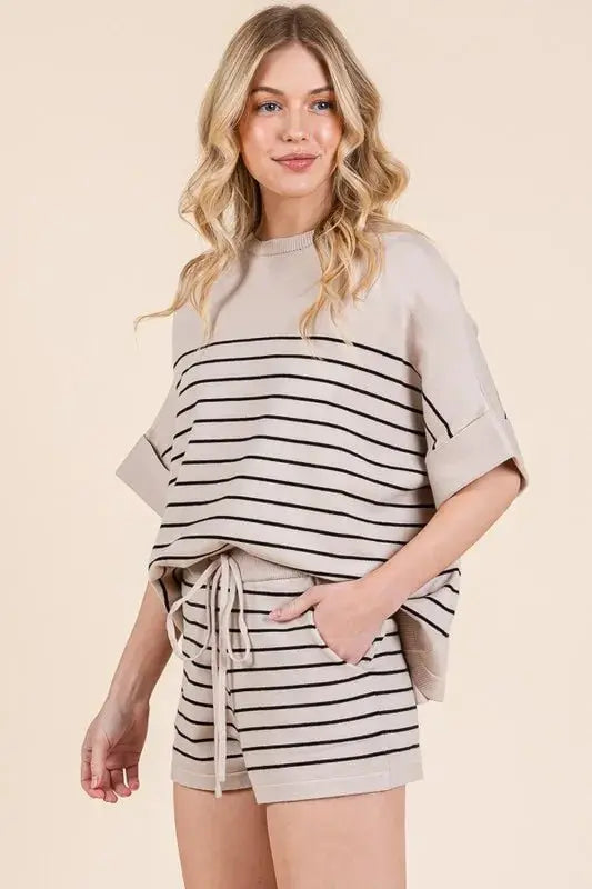 Lime 'N' Chili Striped Folded Half Sleeve Top and Shorts Set - Love Salve