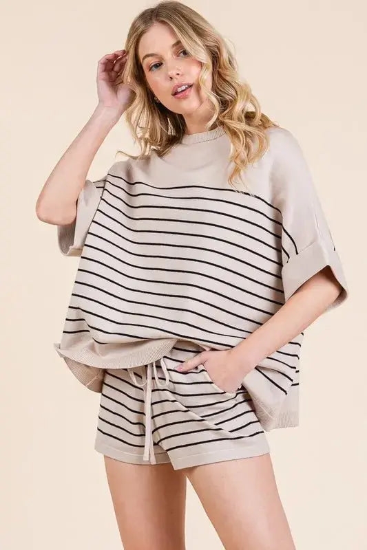 Lime 'N' Chili Striped Folded Half Sleeve Top and Shorts Set - Love Salve