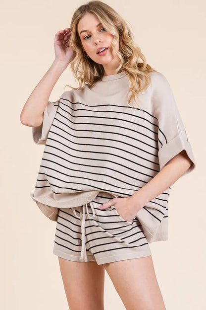 Lime 'N' Chili Striped Folded Half Sleeve Top and Shorts Set - Love Salve