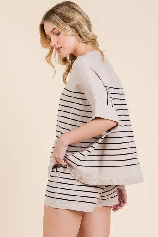 Lime 'N' Chili Striped Folded Half Sleeve Top and Shorts Set - Love Salve