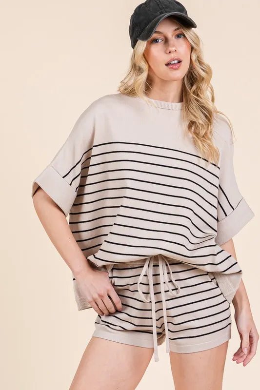 Lime 'N' Chili Striped Folded Half Sleeve Top and Shorts Set - Love Salve