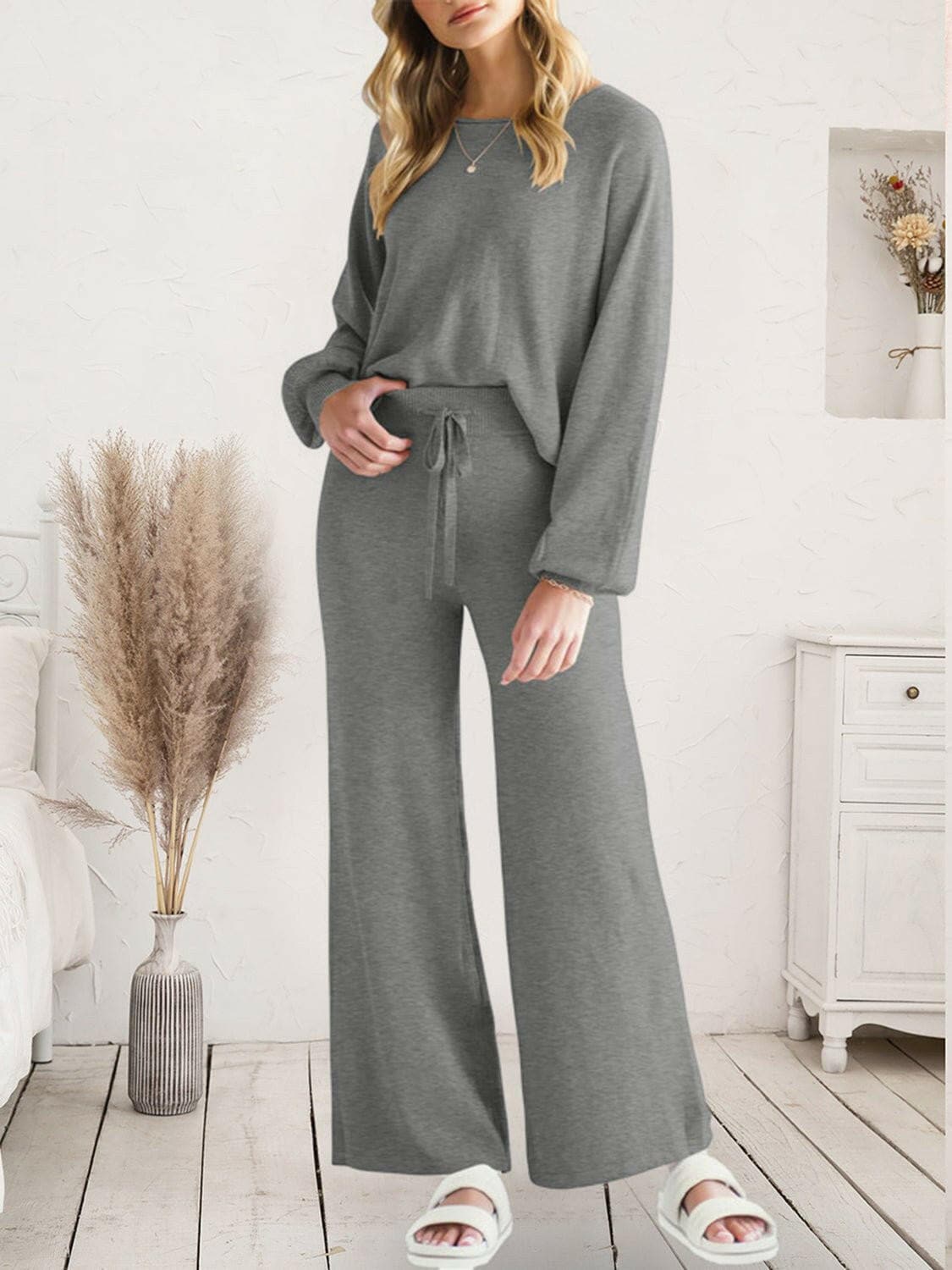 Cozy Knit Lounge Set with Long Sleeve Top and Cinched PantsStay Comfy in Style with Our Cozy Knit Lounge Set
 
 
Ultimate Comfort: Crafted from 100% acrylic, this lounge set guarantees unparalleled comfort for extended wear.Love Salve Cozy Knit Lounge Setlounge