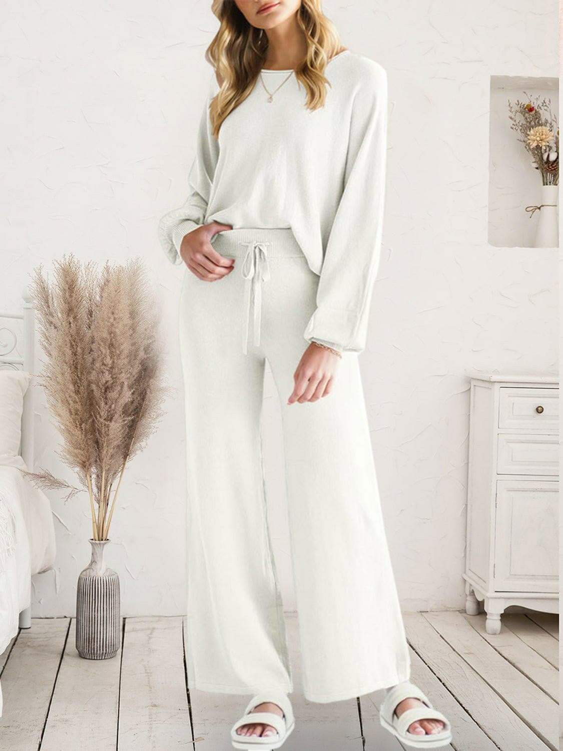 Cozy Knit Lounge Set with Long Sleeve Top and Cinched PantsStay Comfy in Style with Our Cozy Knit Lounge Set
 
 
Ultimate Comfort: Crafted from 100% acrylic, this lounge set guarantees unparalleled comfort for extended wear.Love Salve Cozy Knit Lounge Setlounge