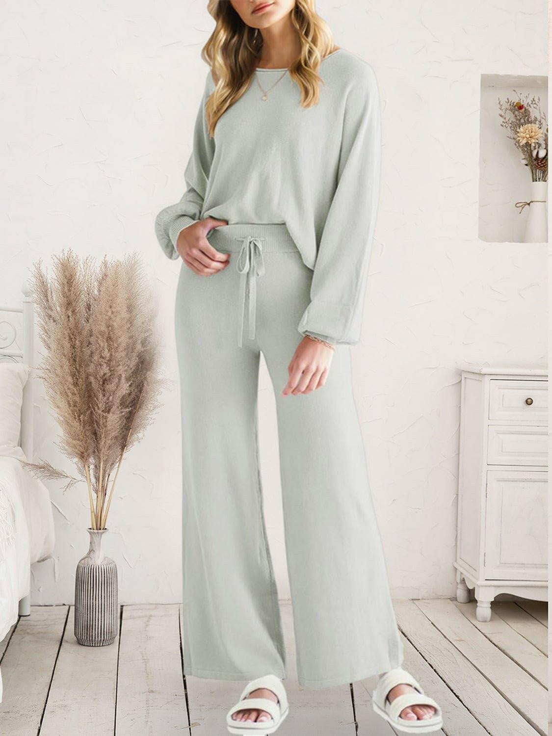 Cozy Knit Lounge Set with Long Sleeve Top and Cinched PantsStay Comfy in Style with Our Cozy Knit Lounge Set
 
 
Ultimate Comfort: Crafted from 100% acrylic, this lounge set guarantees unparalleled comfort for extended wear.Love Salve Cozy Knit Lounge Setlounge