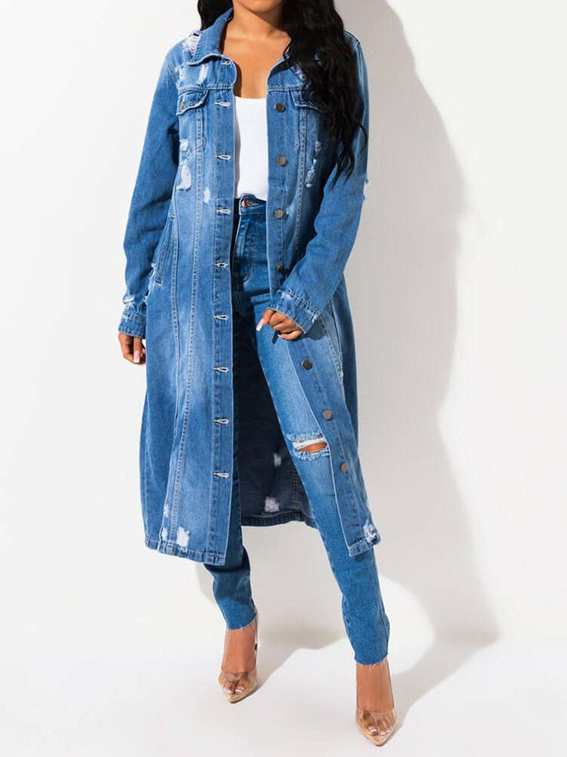 Long Sleeve Raw Hem Denim Jacket - Love Salve