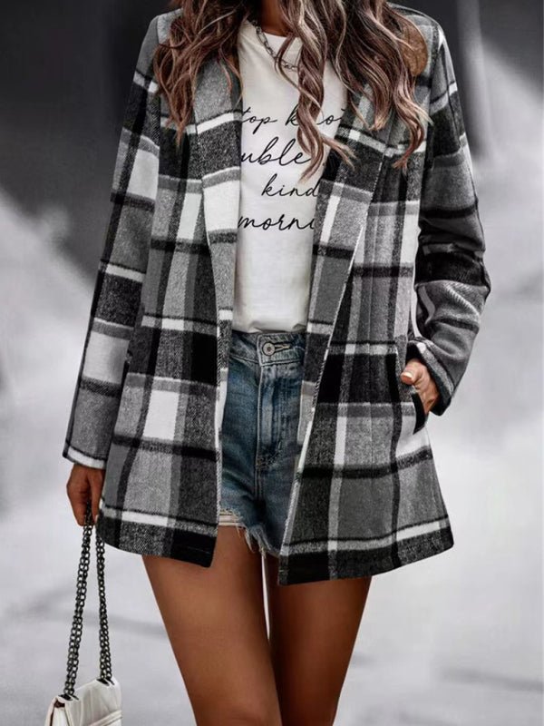 Loose Plaid Printed Long Sleeve Pocket Wool Jacket Cardigan - Love Salve