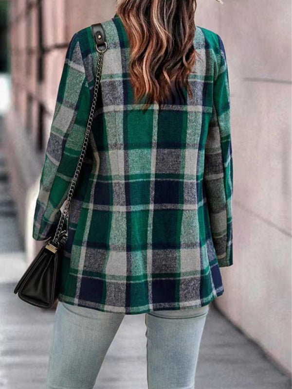 Loose Plaid Printed Long Sleeve Pocket Wool Jacket Cardigan - Love Salve
