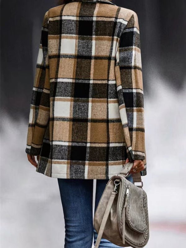 Loose Plaid Printed Long Sleeve Pocket Wool Jacket Cardigan - Love Salve