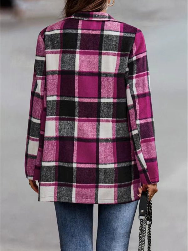 Loose Plaid Printed Long Sleeve Pocket Wool Jacket Cardigan - Love Salve