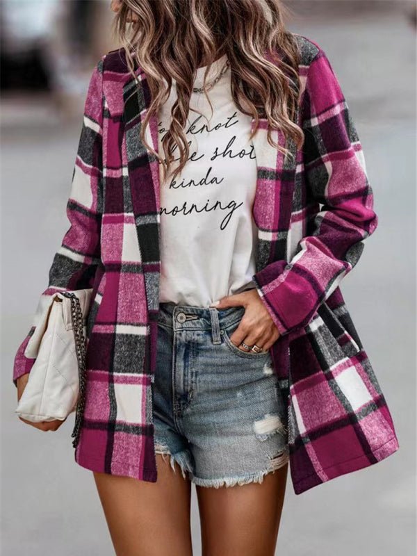 Loose Plaid Printed Long Sleeve Pocket Wool Jacket Cardigan - Love Salve