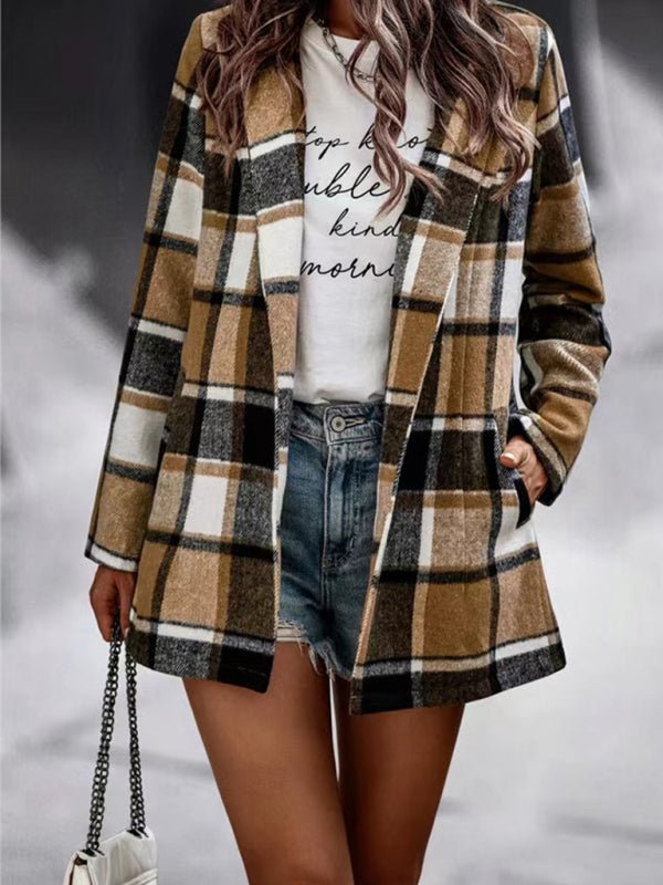 Loose Plaid Printed Long Sleeve Pocket Wool Jacket Cardigan - Love Salve