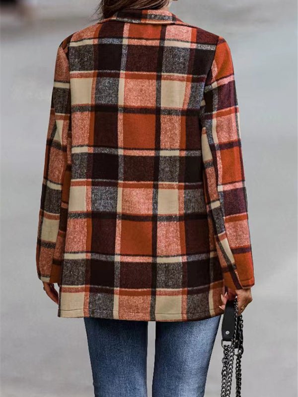 Loose Plaid Printed Long Sleeve Pocket Wool Jacket Cardigan - Love Salve