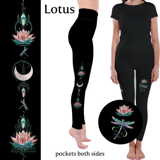 Lotus Flower Dragonfly Handmade Leggings with Pockets MM