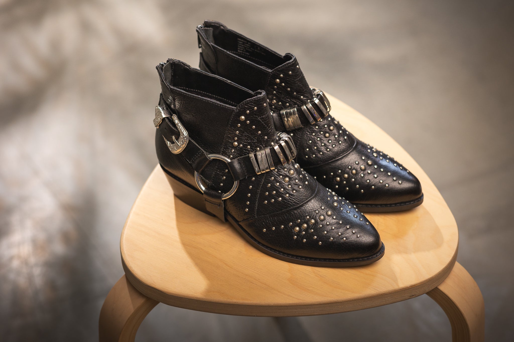 Lottie Bootie Black Faux Leather Stud Harness 1.75in Heel Naughty Monkey