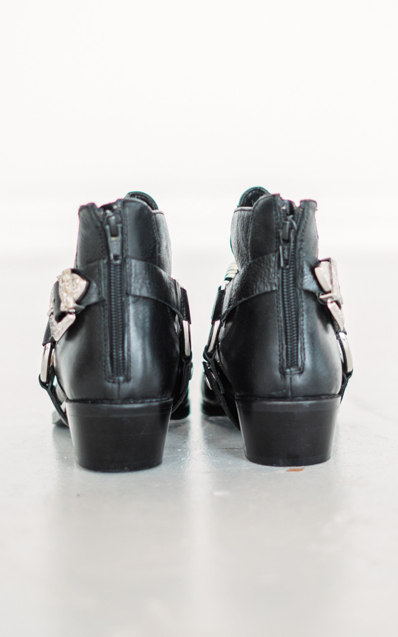 Lottie Bootie Black Faux Leather Stud Harness 1.75in Heel Naughty Monkey