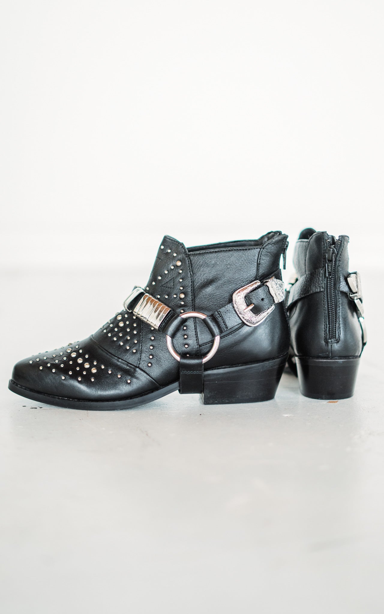Lottie Bootie Black Faux Leather Stud Harness 1.75in Heel Naughty Monkey