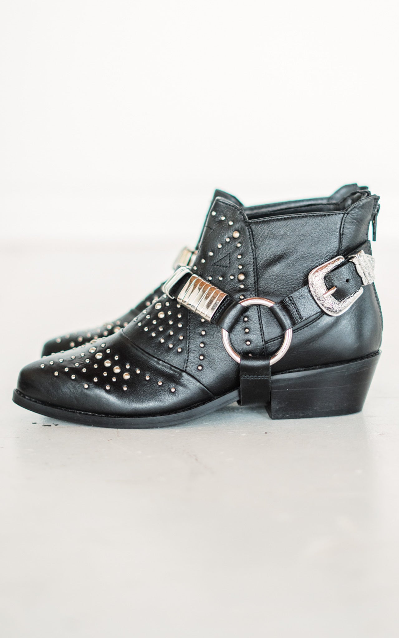 Lottie Bootie Black Faux Leather Stud Harness 1.75in Heel Naughty Monkey