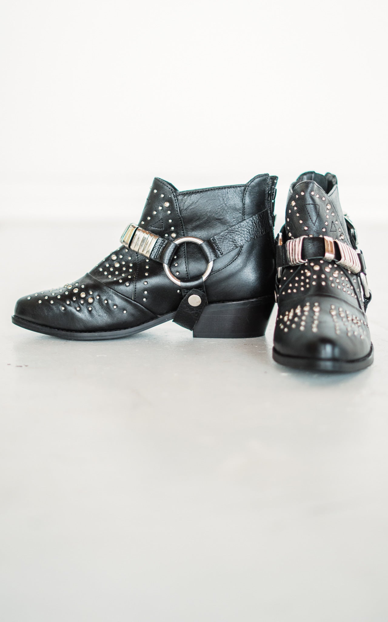 Lottie Bootie Black Faux Leather Stud Harness 1.75in Heel Naughty Monkey