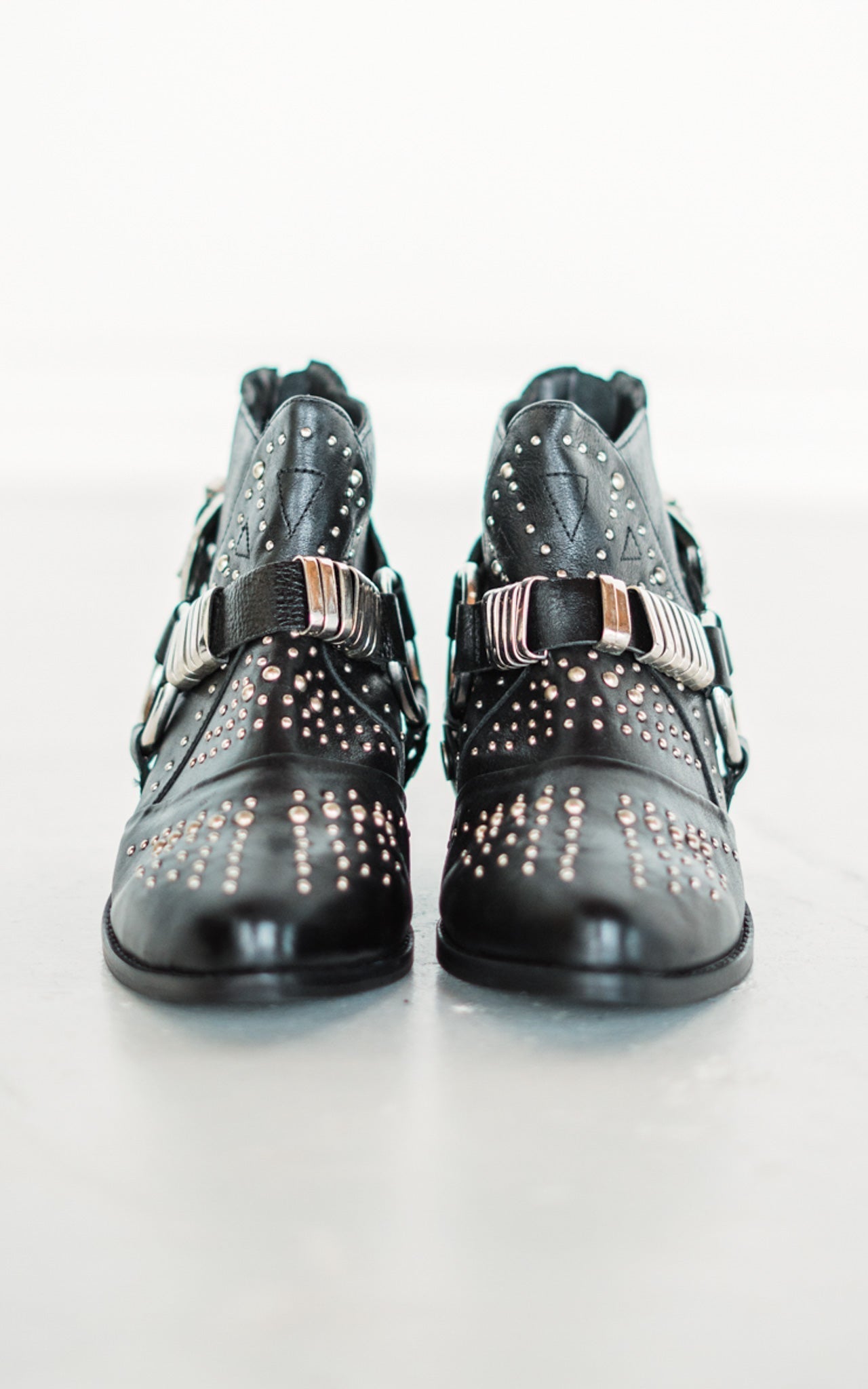 Lottie Bootie Black Faux Leather Stud Harness 1.75in Heel Naughty Monkey