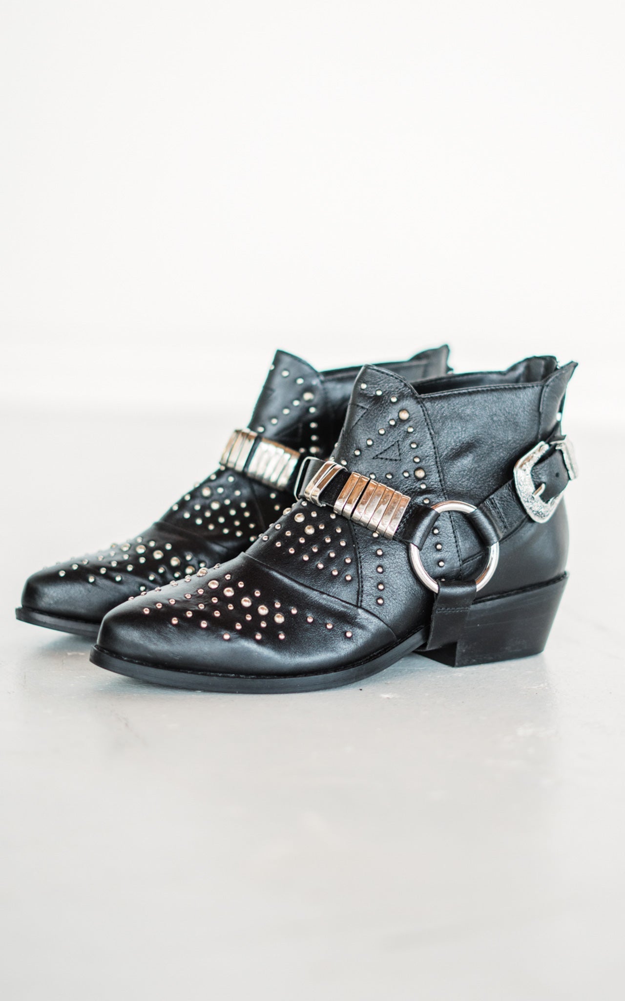 Lottie Bootie Black Faux Leather Stud Harness 1.75in Heel Naughty Monkey