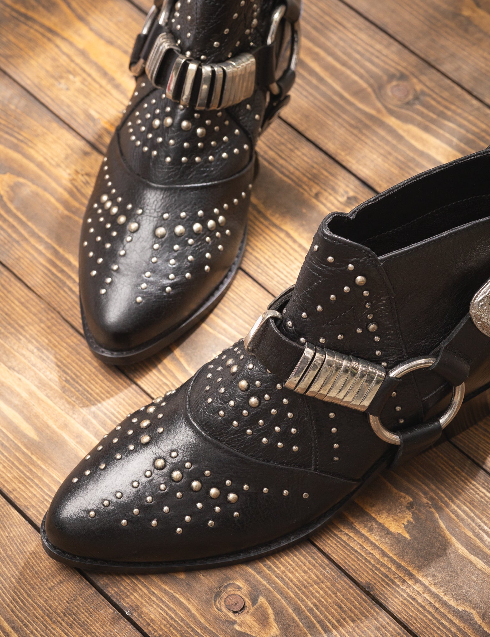 Lottie Bootie Black Faux Leather Stud Harness 1.75in Heel Naughty Monkey