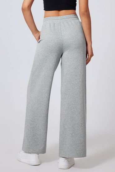 gray wide leg sweatpants with high waist and drawstring