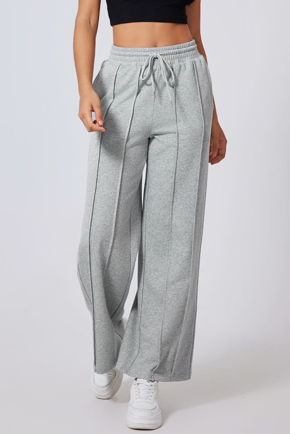 Gray seamed drawstring high waist wide leg sweatpants for style and comfort.