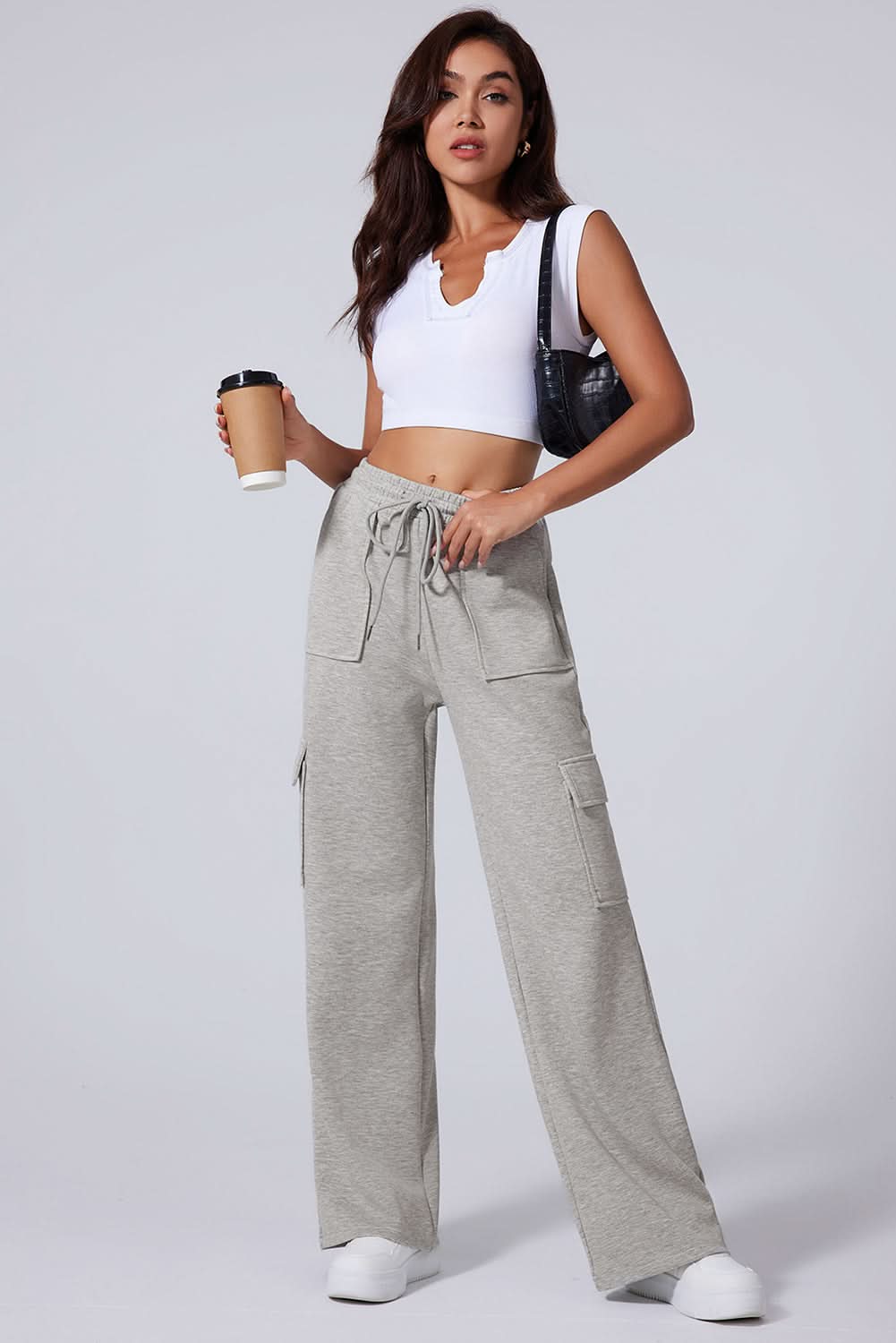 Light grey lace-up wide leg pants - Love Salve 