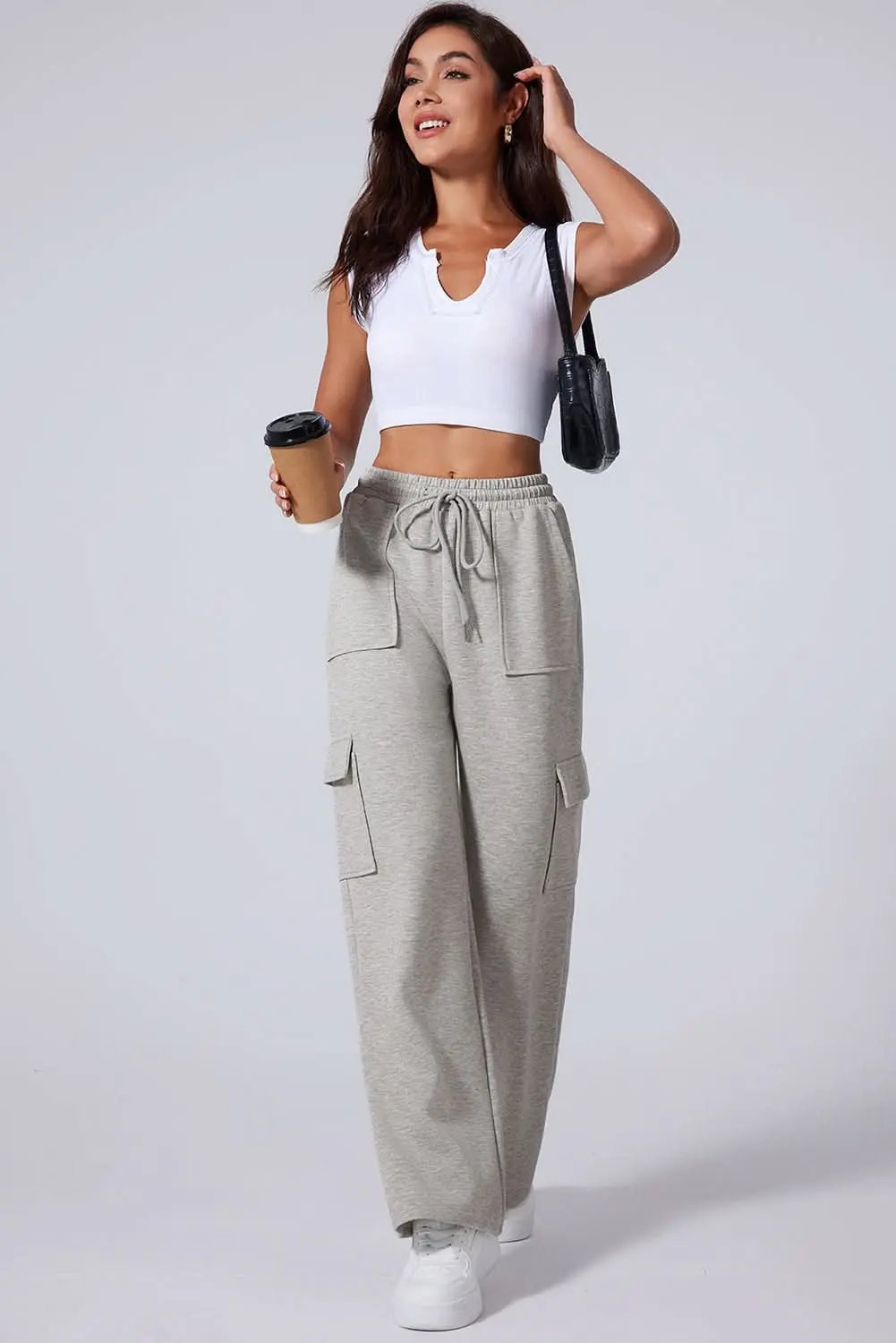 Light grey lace-up wide leg pants - Love Salve 