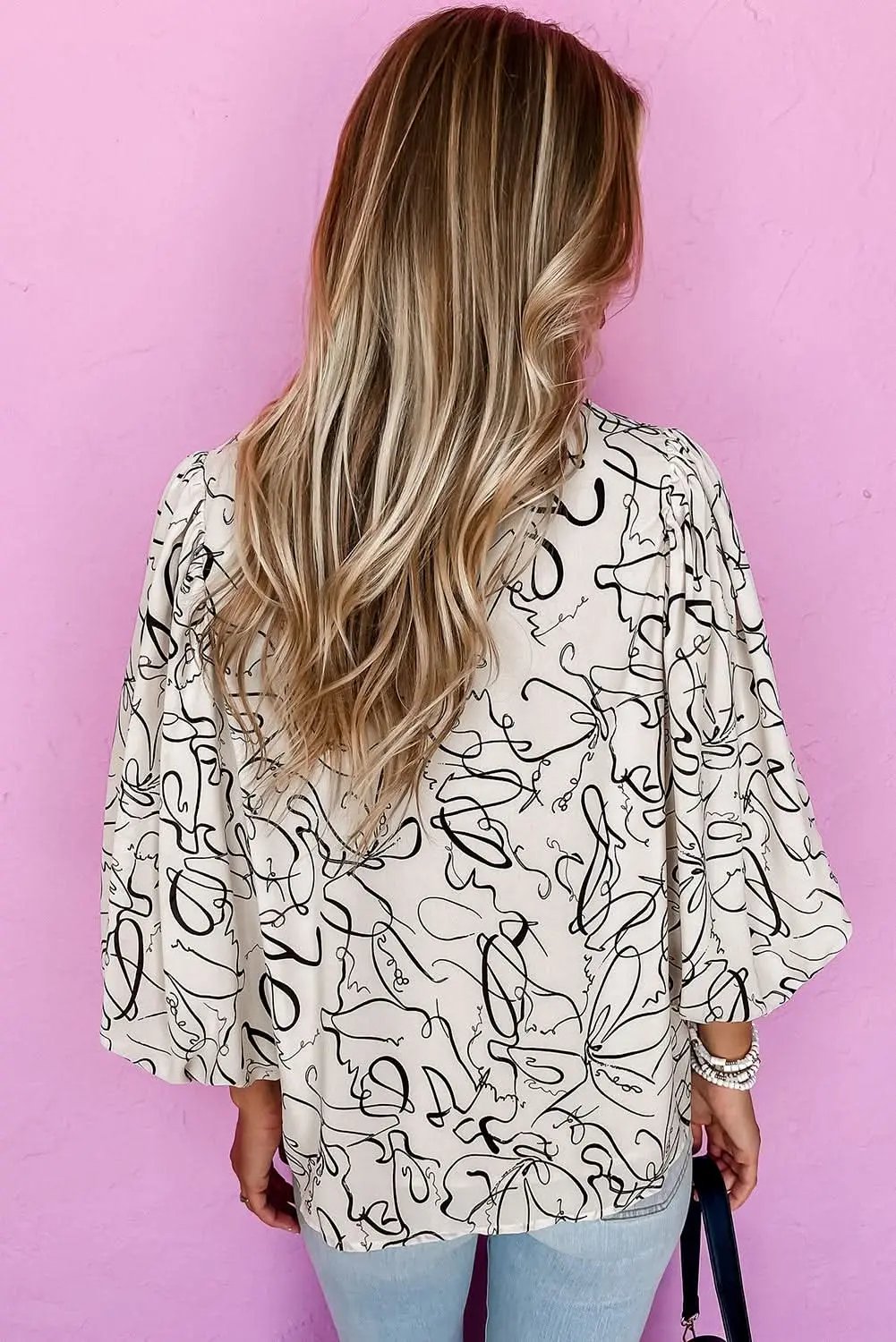 Beige abstract print blouse with balloon sleeves - Love Salve 