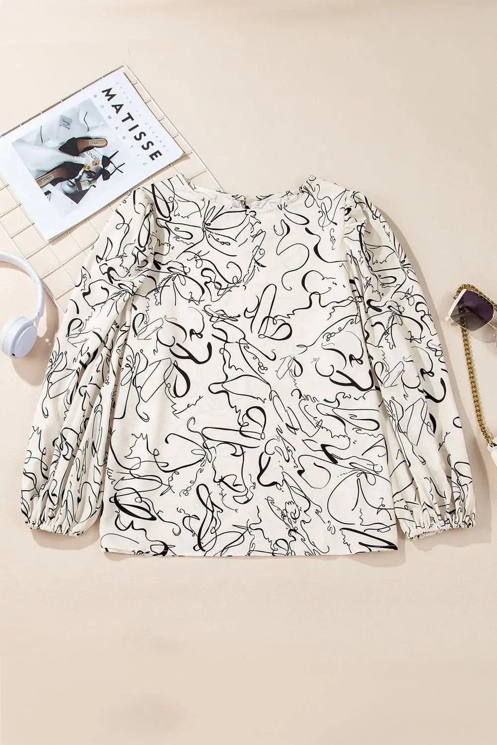 Beige abstract print blouse with balloon sleeves - Love Salve 