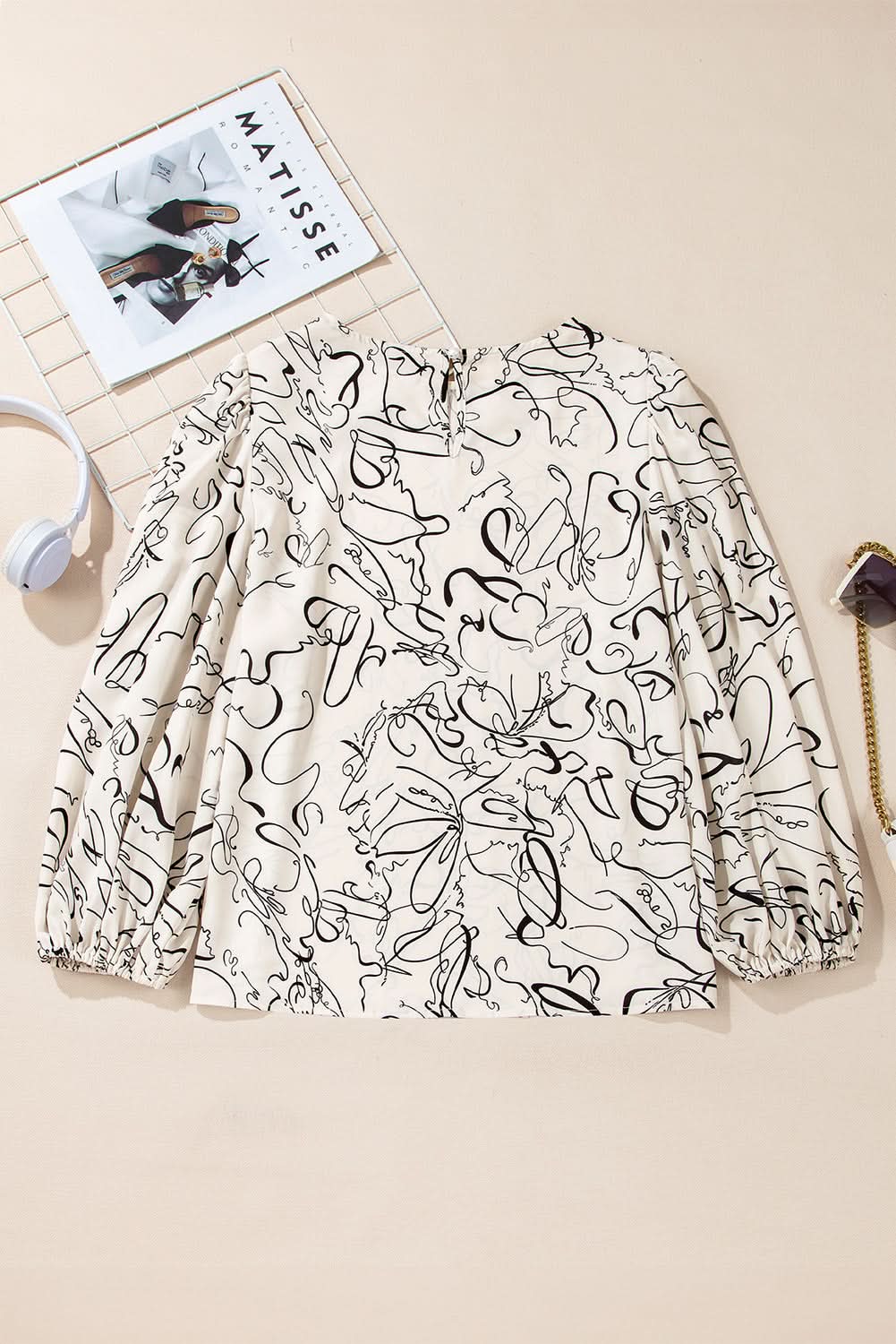 Beige abstract print blouse with balloon sleeves - Love Salve 