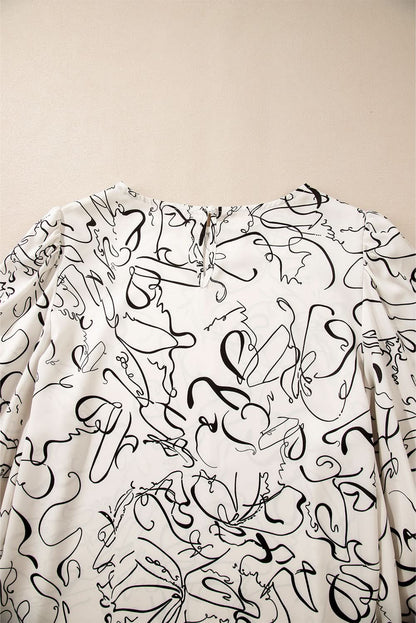 Beige abstract print blouse with balloon sleeves - Love Salve 