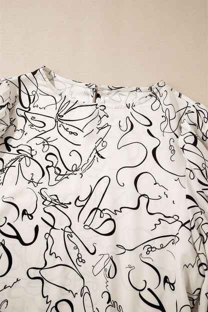 Beige abstract print blouse with balloon sleeves - Love Salve 