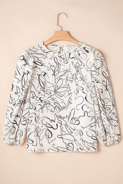 Beige abstract print blouse with balloon sleeves - Love Salve 