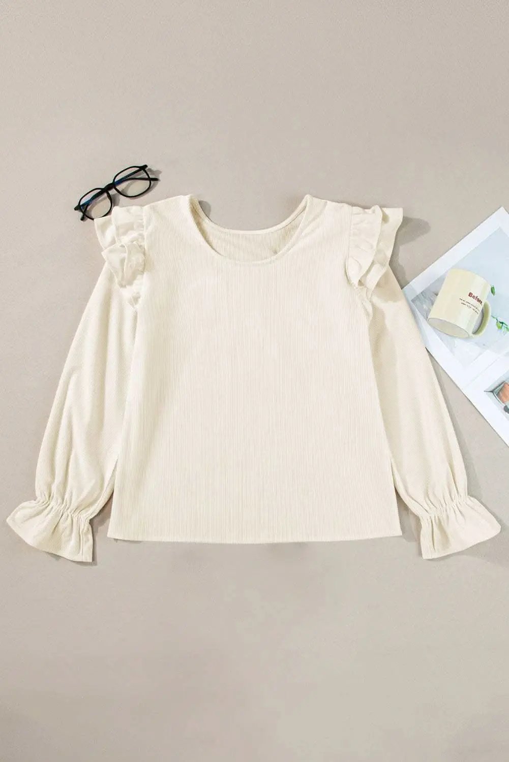 Chic beige corduroy blouse with ruffle sleeves - Love Salve 