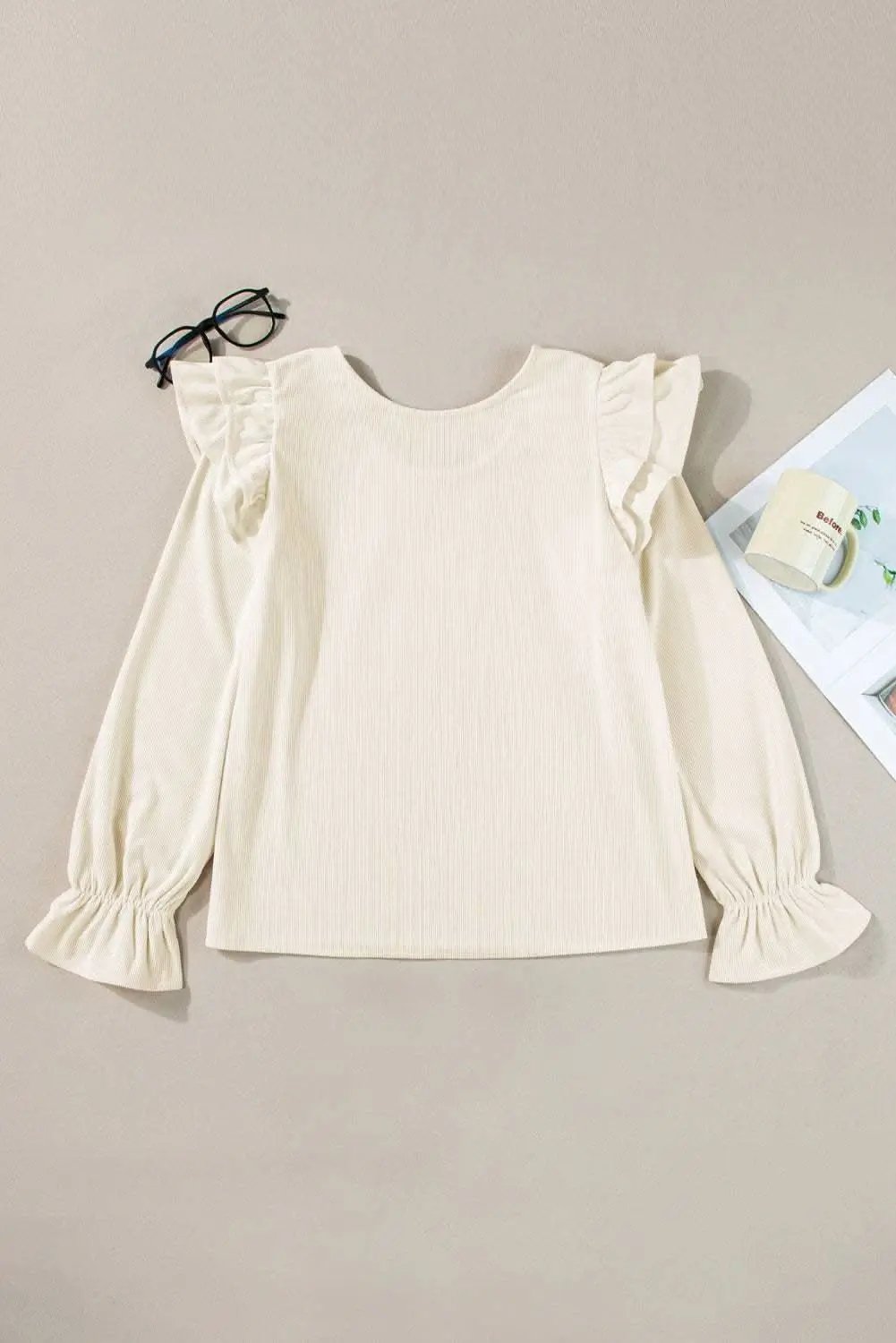 Chic beige corduroy blouse with ruffle sleeves - Love Salve 