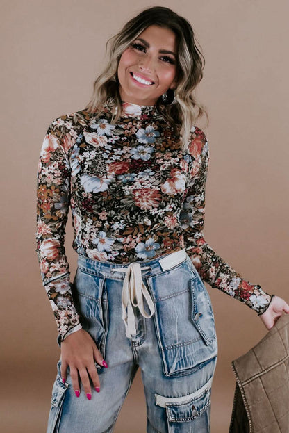 Chic brown floral mesh blouse - Love Salve 