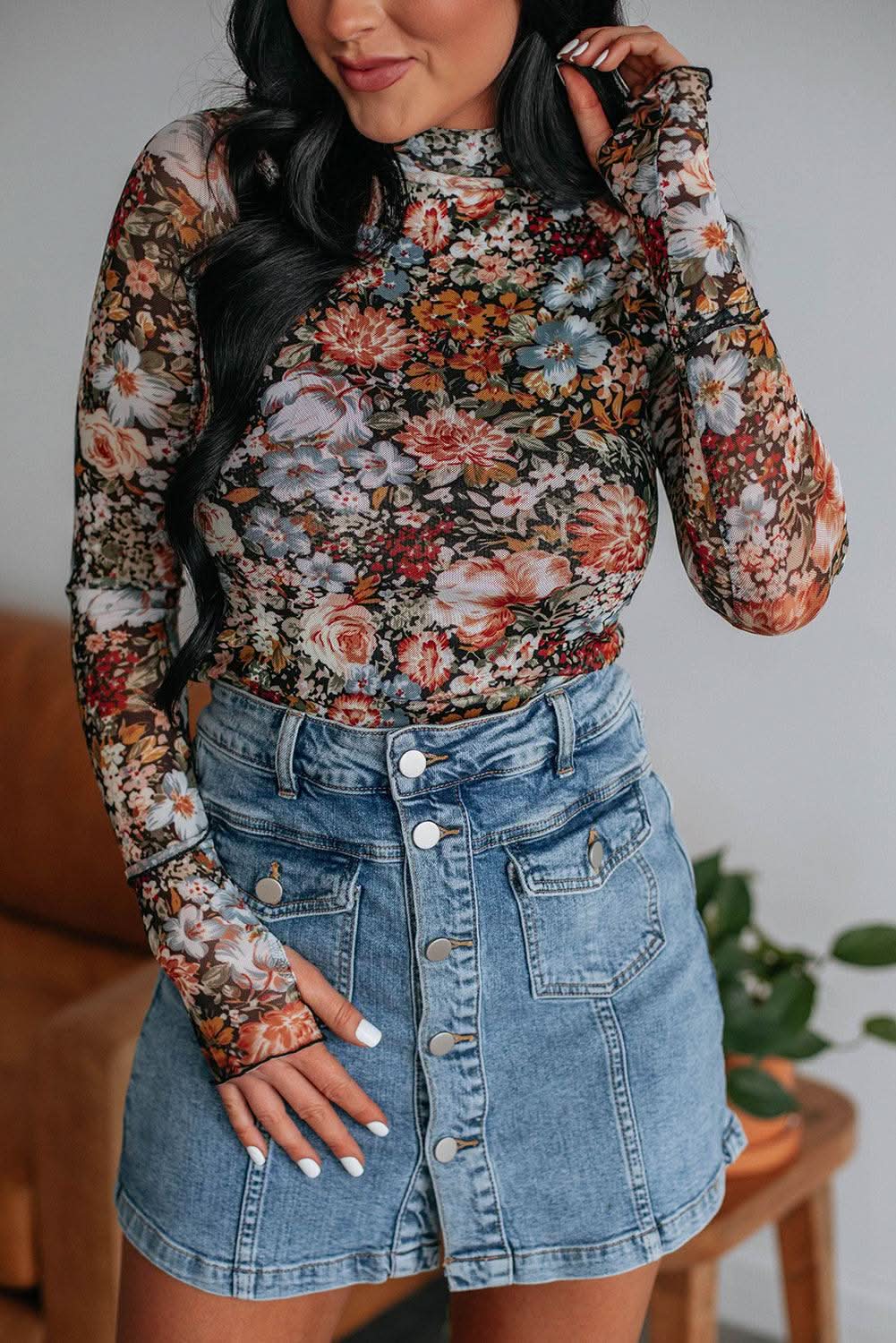 Chic brown floral mesh blouse - Love Salve 
