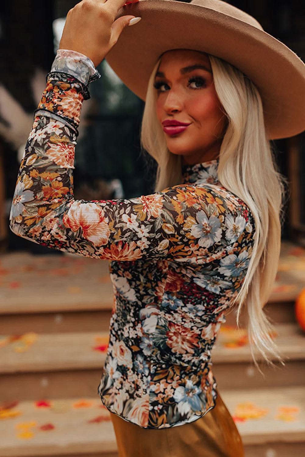 Chic brown floral mesh blouse - Love Salve 