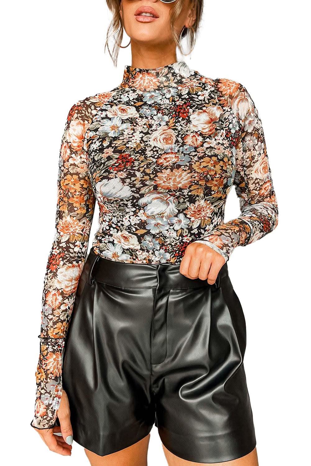 Chic brown floral mesh blouse - Love Salve 