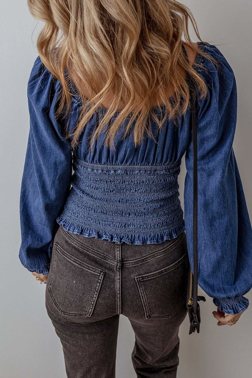 Chic dark blue puff sleeve denim top - Love Salve 