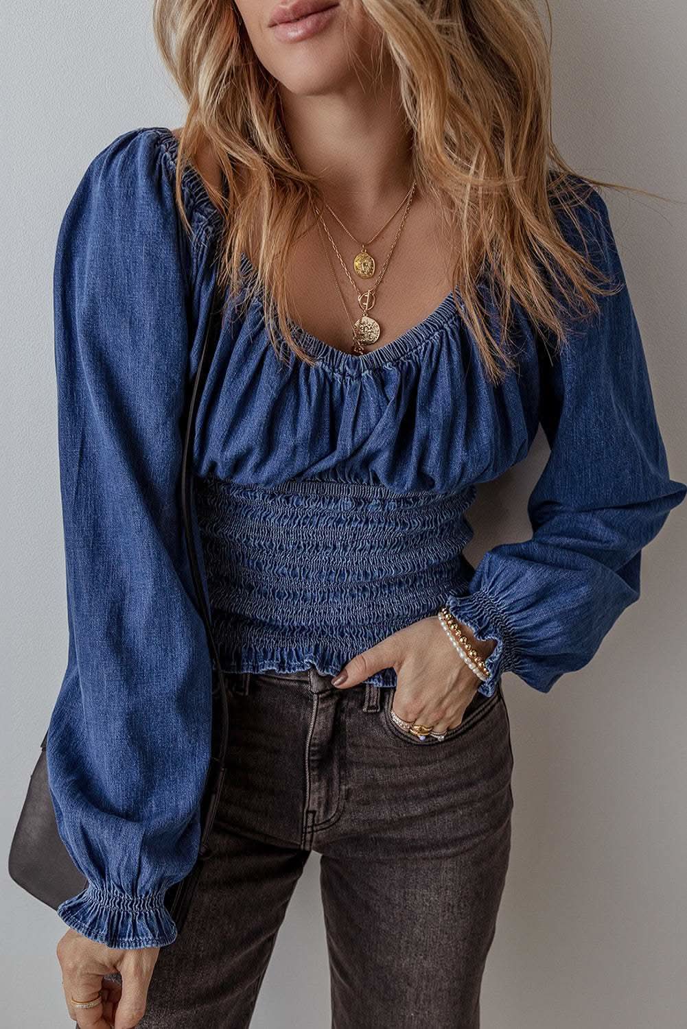 Chic dark blue puff sleeve denim top - Love Salve 