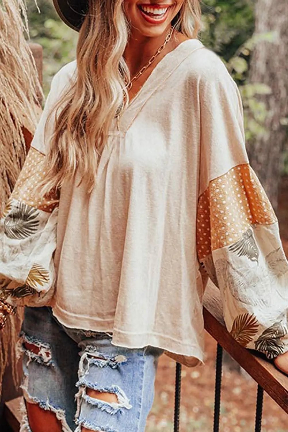 Chic palm print blouse with puff sleeves - Love Salve 