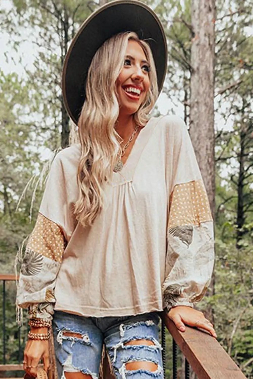 Chic palm print blouse with puff sleeves - Love Salve 