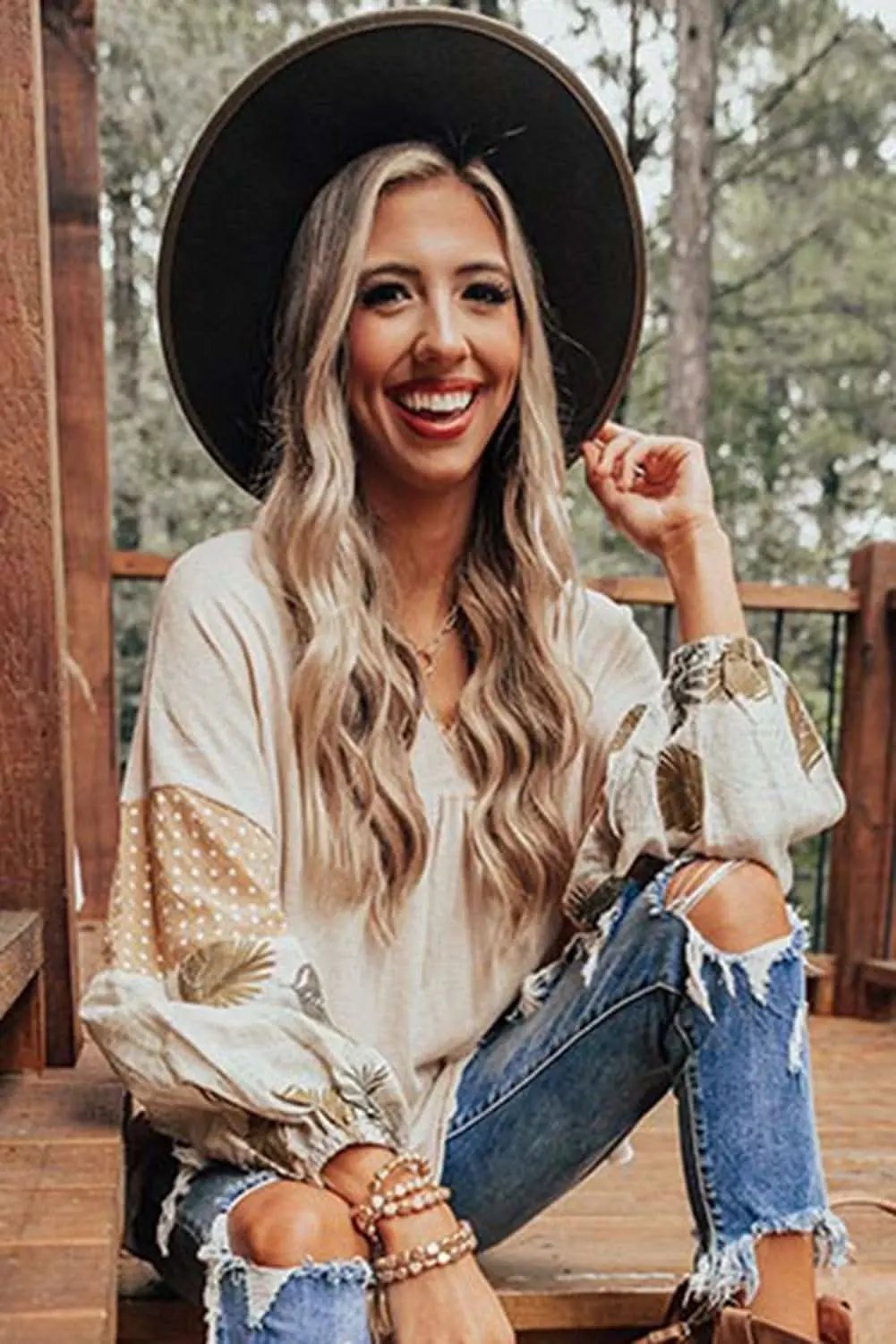 Chic palm print blouse with puff sleeves - Love Salve 