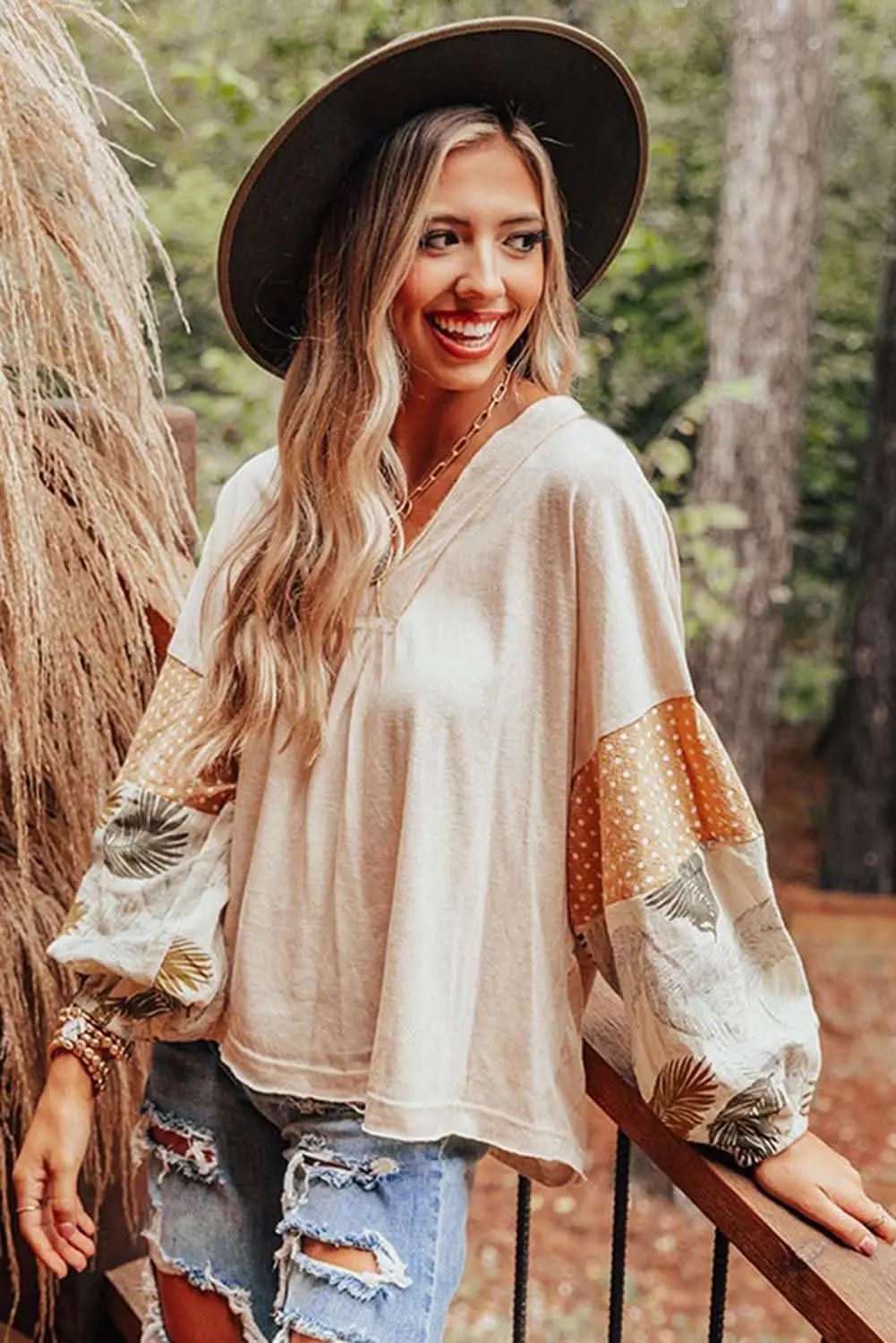 Chic palm print blouse with puff sleeves - Love Salve 