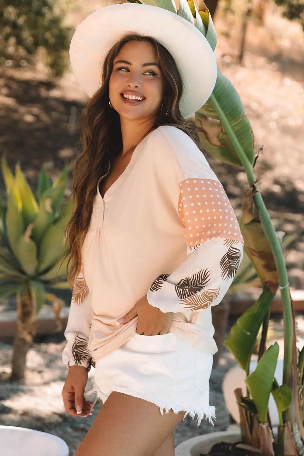 Chic palm print blouse with puff sleeves - Love Salve 